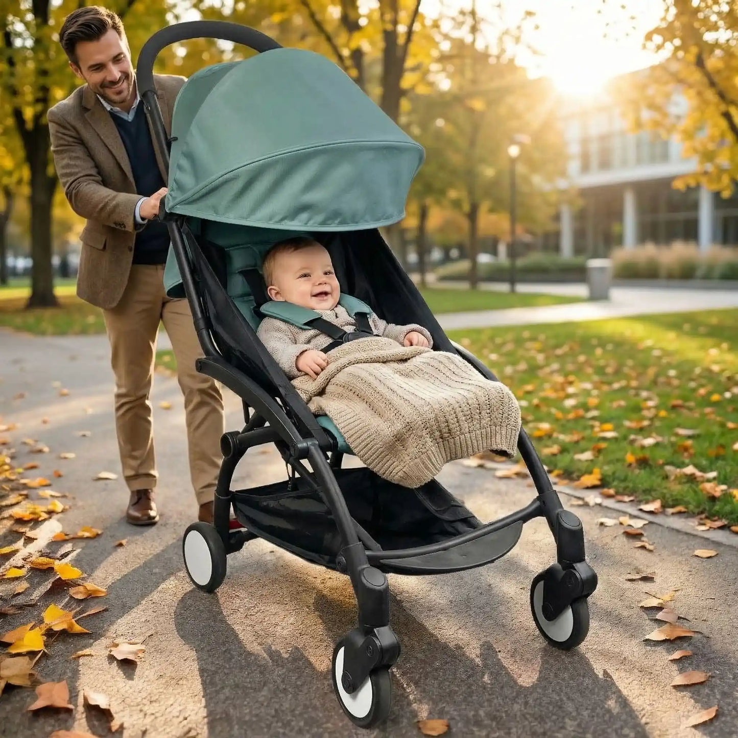 Parasol poussette sortie en exterieur avec papa