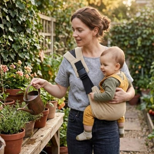 Porte bebe confortable maman arrose les fleurs