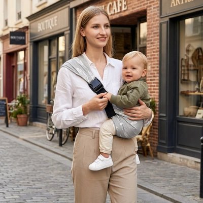 Porte bébé confortable maman et bebe devant un cafe