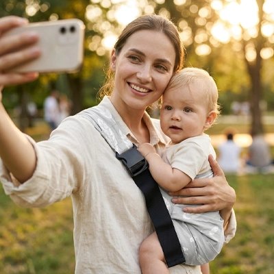 Porte bébé confortable maman et bebe prennent un selfie
