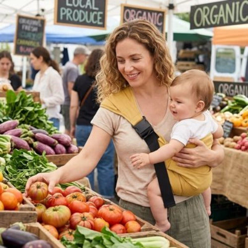 Porte bebe ergonomique confort maman et bebe au supermarche