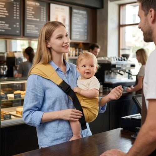 Porte bebe ergonomique confort maman et bebe dans un cafe