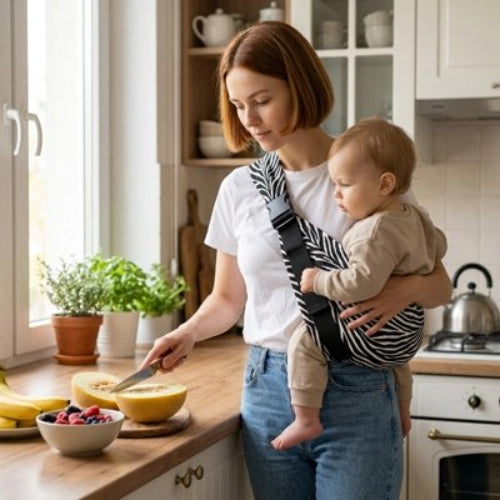Porte bebe ergonomique confort optimal maman et bebe dans la cuisine