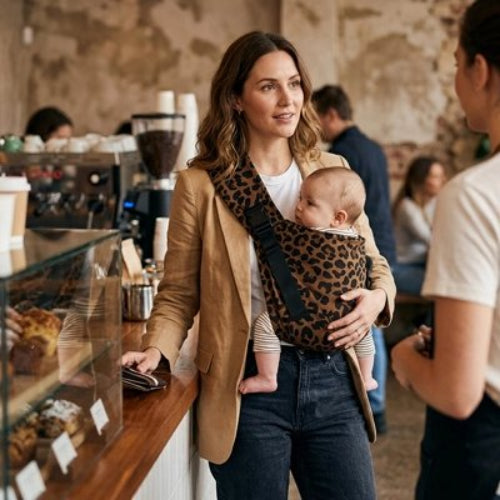 Porte bebe ergonomique confort optimal maman et bebe sont dans un cafe