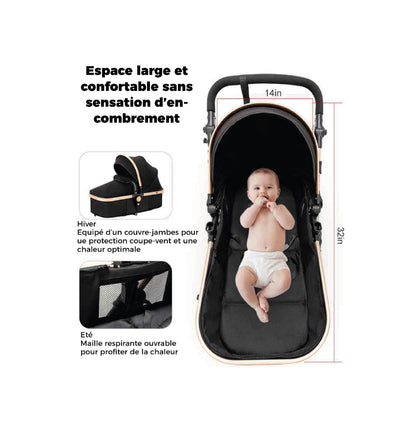 Poussette bebe 3 en 1 evolutive espace large