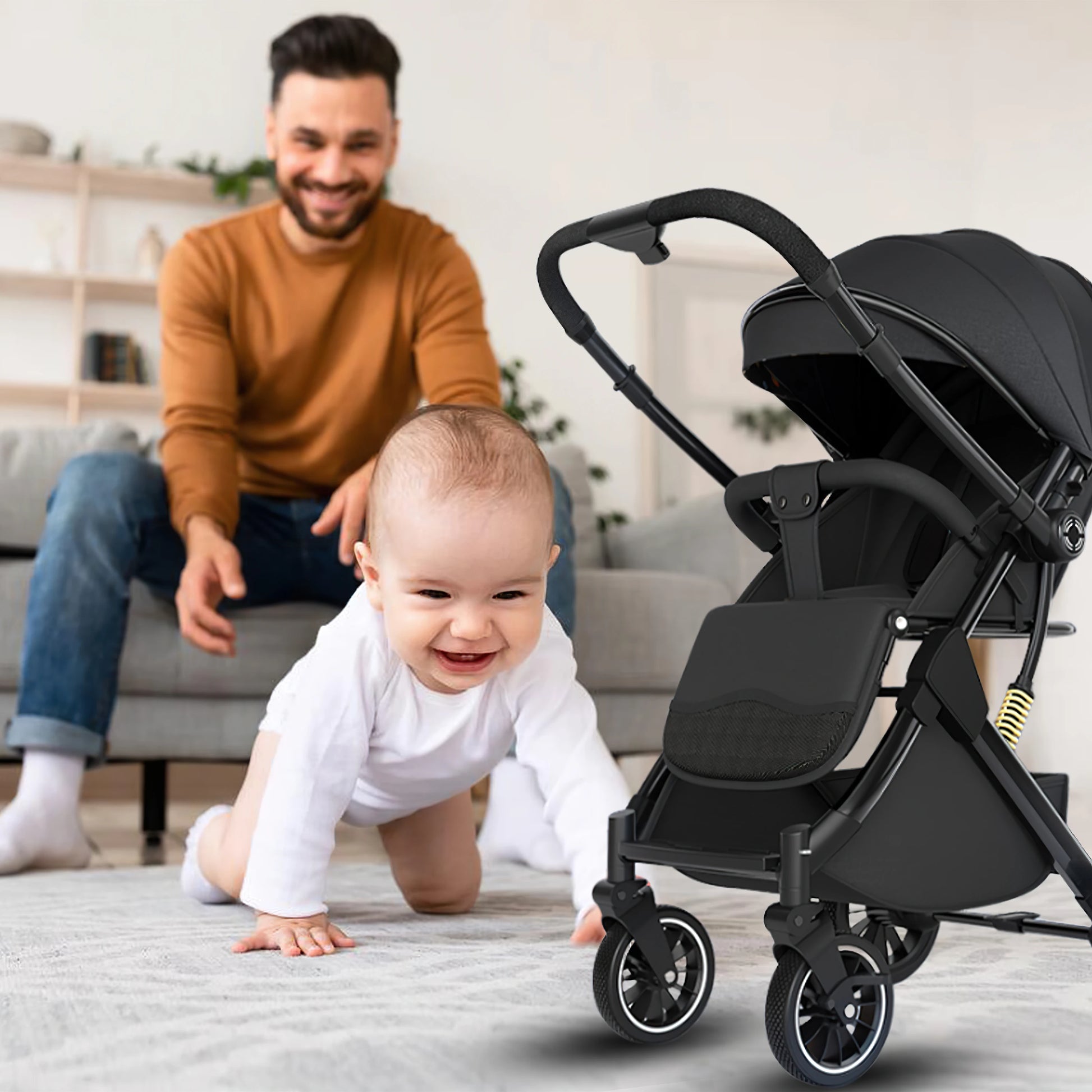 Poussette bebe suspension 4 roues papa regarde bebe ramper