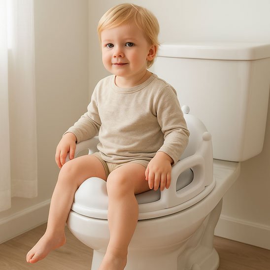 Rehausseur toilette ergo confort bebe est assis sur le pot