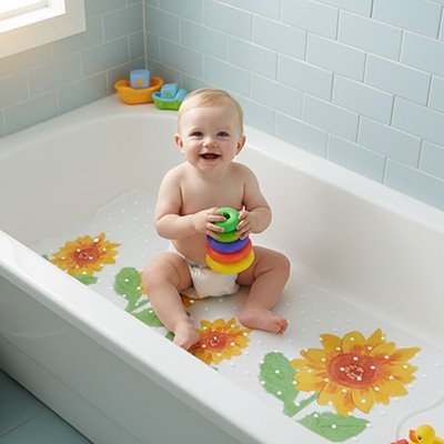 Tapis de bain bebe protection antiderapante bebe est assis dans la baignoire