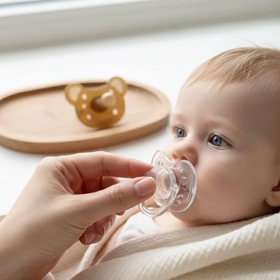 Tetine bebe physiologique transparente dans la bouche du bebe