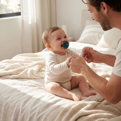 Tétine bebe silicone sans BPA papa joue avec son bebe