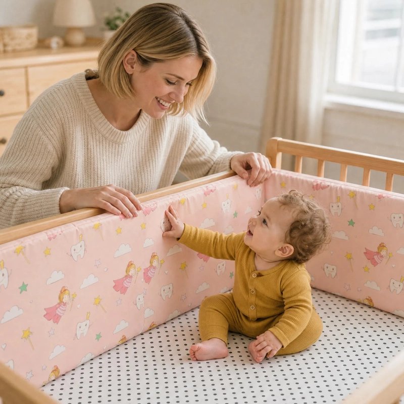 Tour de lit securisee et confortable maman regarde son bebe