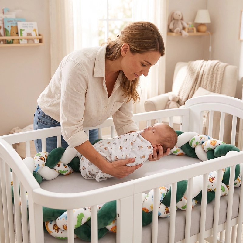 Tresse de lit bébé douceur sécurisée maman met sn bébé au lit
